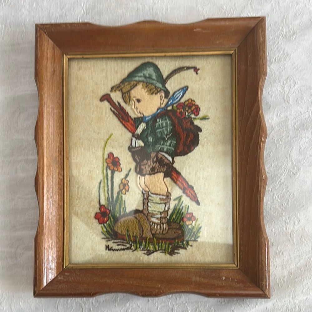 Vintage Framed Hummel Boy with Umbrella Embroidery Crewel Art